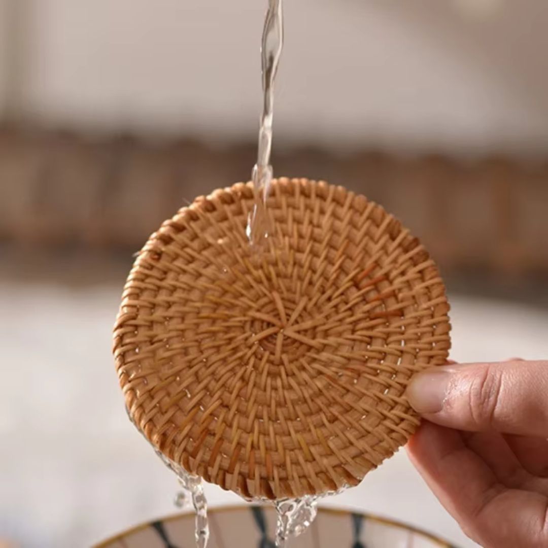 VINTAGE Glasunderlägg i rotting  handvävd rund design 6-pack